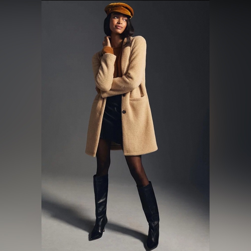 New Anthropologie Sanctuary Hometown Fuzzy Knit Coat Light Sand - Picture 7 of 12